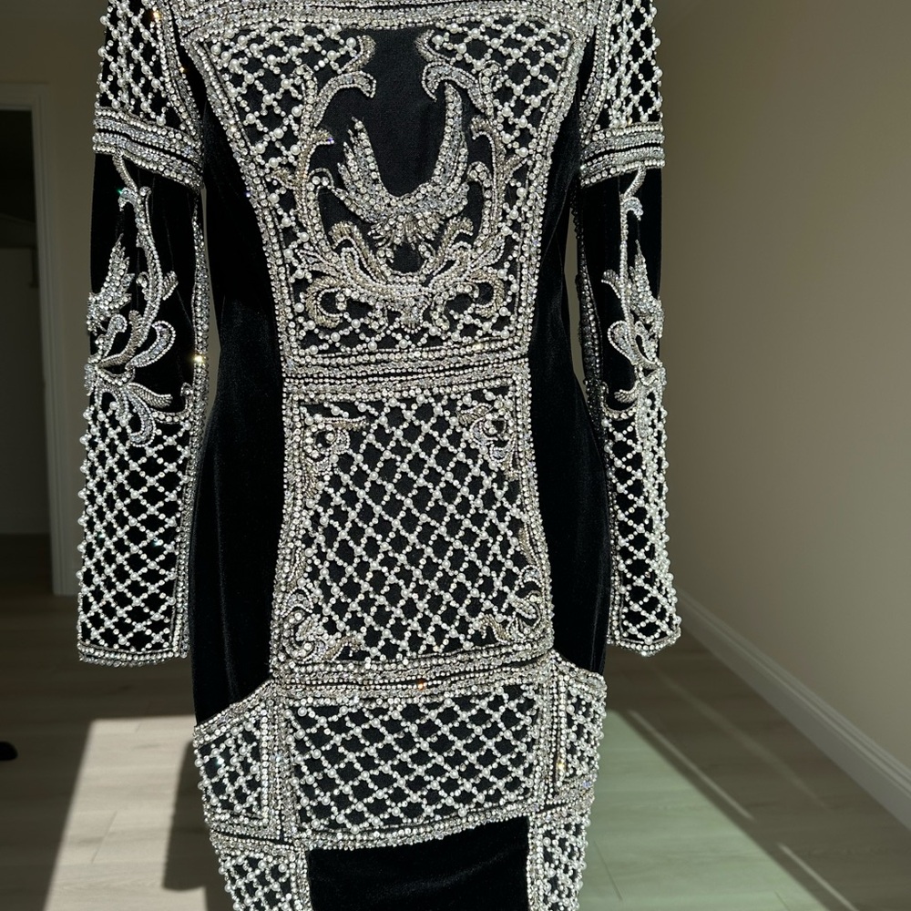 Sivalia Couture Elegant Black Velvet Dress with Silver and Pearl Embellishments